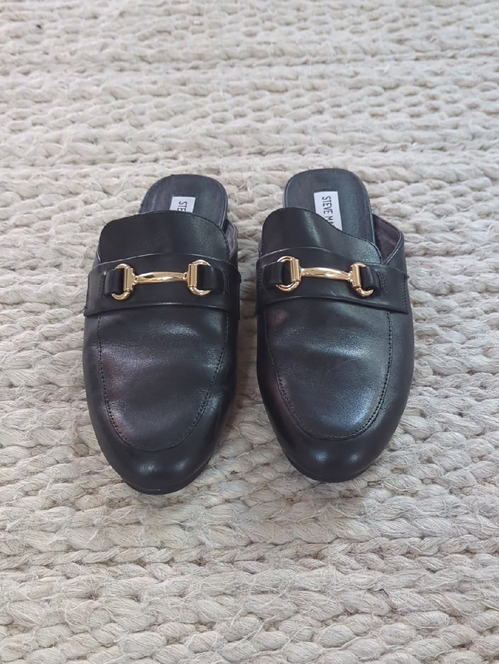 Steve Madden Black Leather Mules with Gold Horsebit